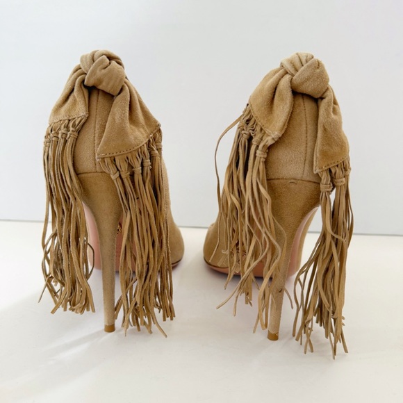 AQUAZZURA TAN CAMEL SUEDE HANGING FRINGE TIE KNOT POINTED TOE HIGH HEEL PUMPS - Picture 2 of 13